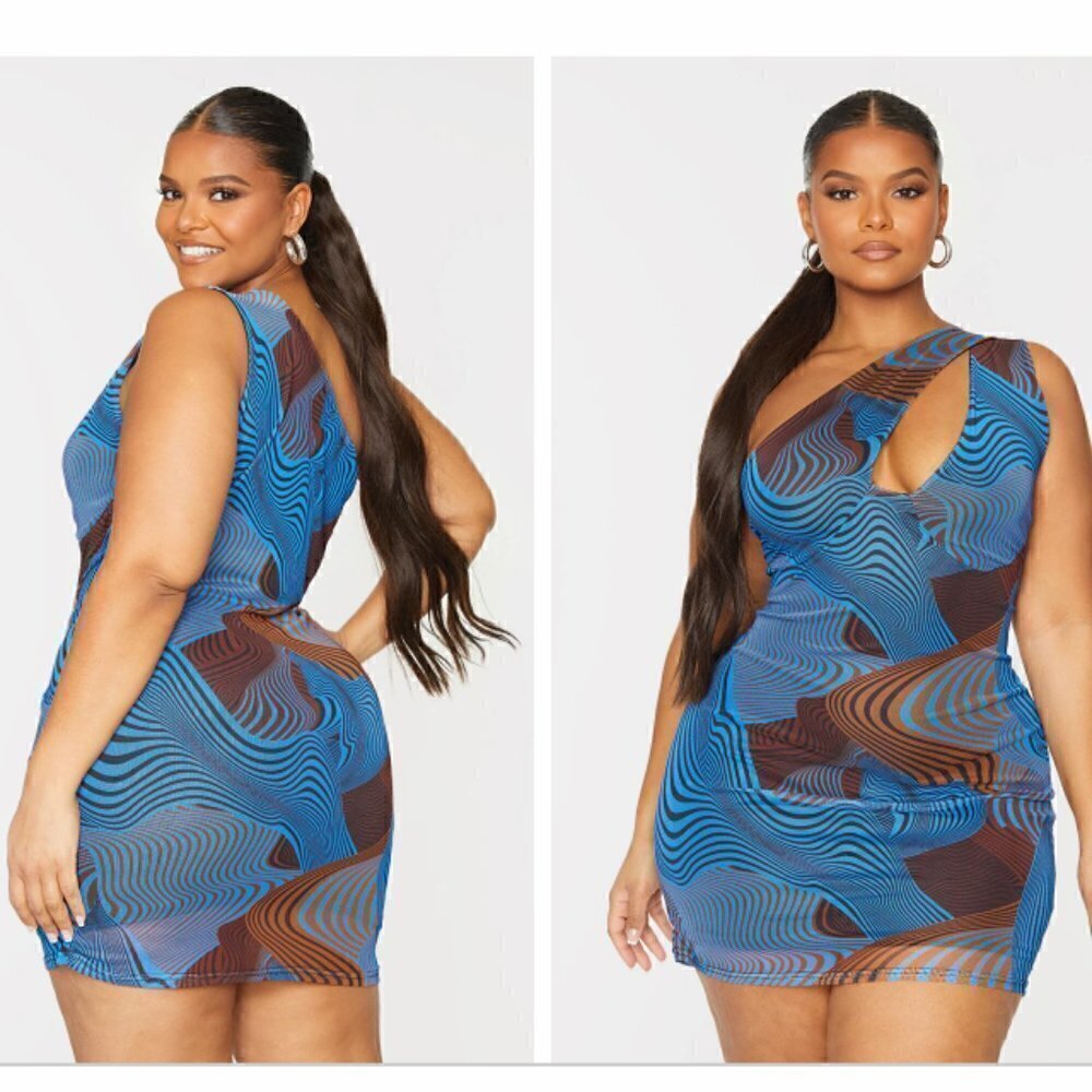 Pretty Little Thing SZ24 Blue Contour Print Mesh One Shoulder Bodycon Dress NWT